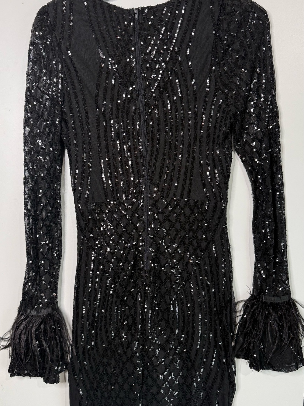 Beaded Black Sequin Dress with Feather Cuffs - Picture 2 of 2